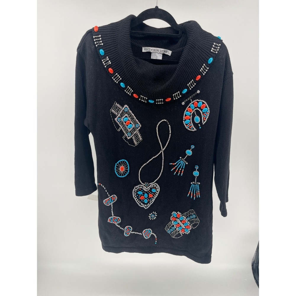 Victoria Jones Black Beaded Southwestern Sweater Cowl Neck Ramie Cotton Mens M